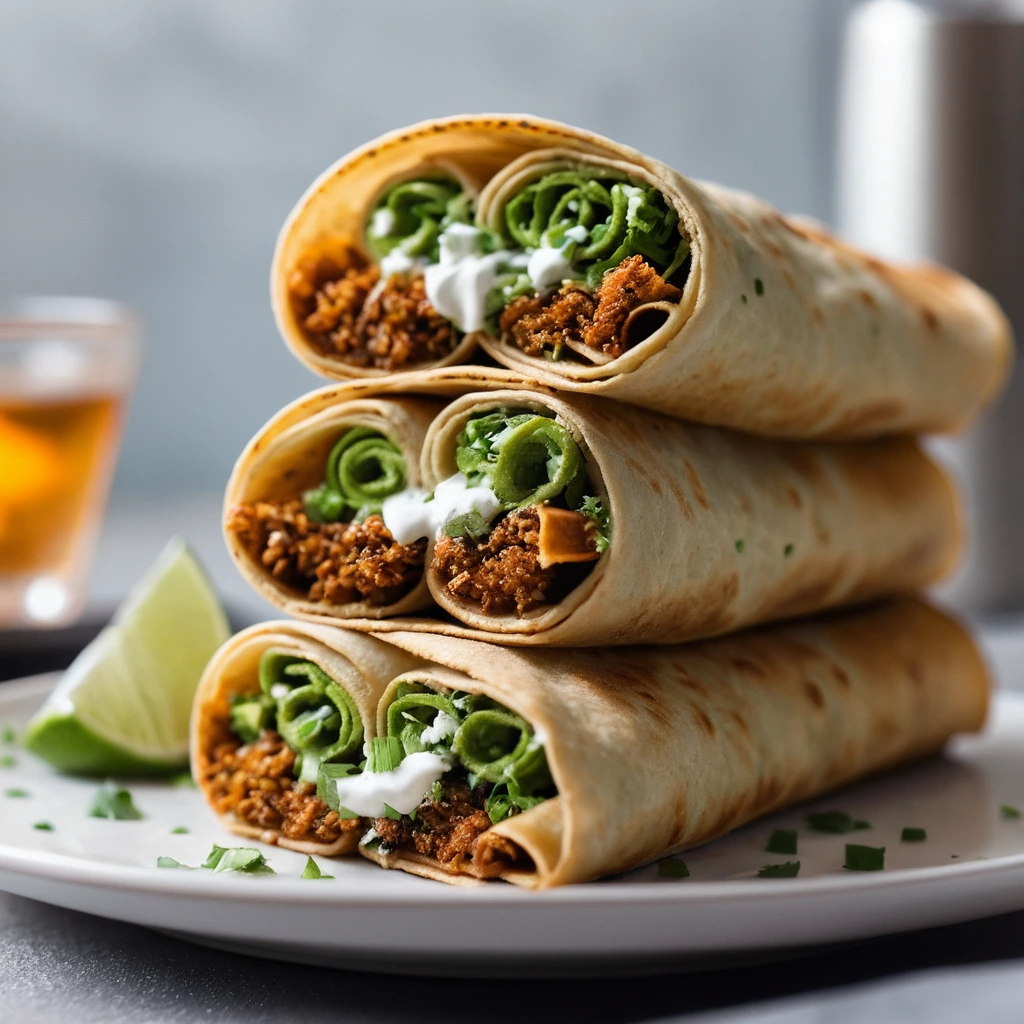 Stacked golden brown chimichangas with a sprinkle of fresh cilantro on a white plate