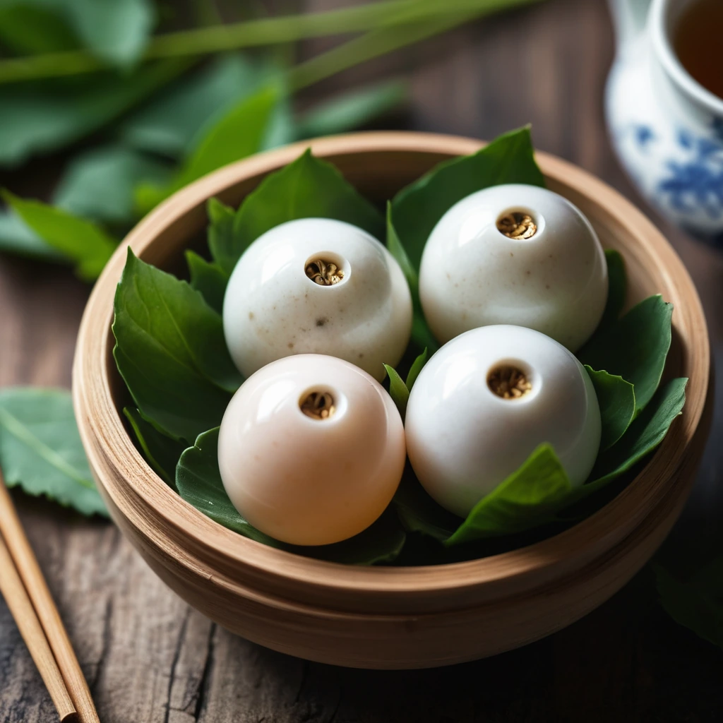 Six marbled brown eggs nestled in a bamboo steamer, garnished with fresh cilantro on a rustic wooden board.