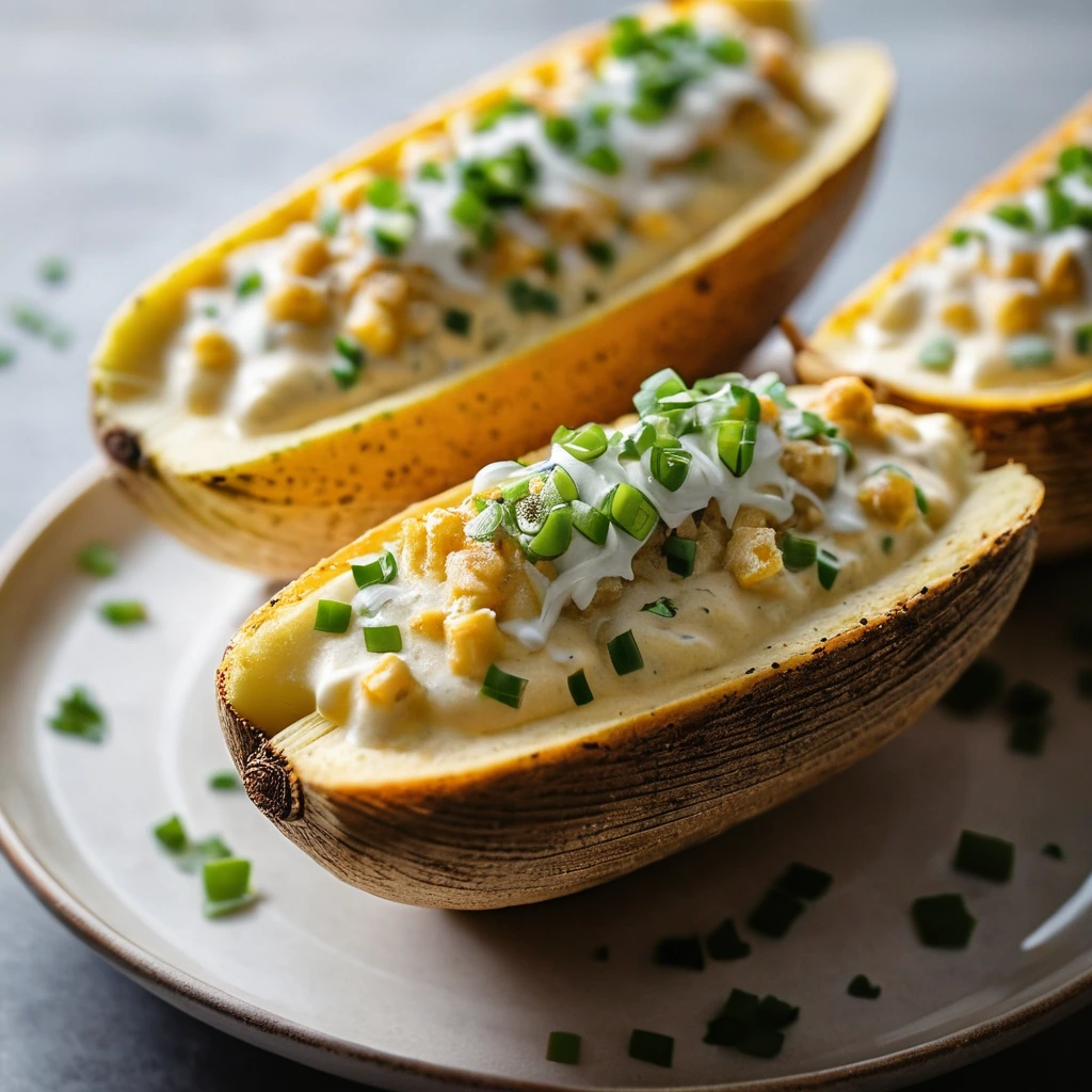 Baked potato halves filled with golden chowder, topped with melted cheddar and green scallions.