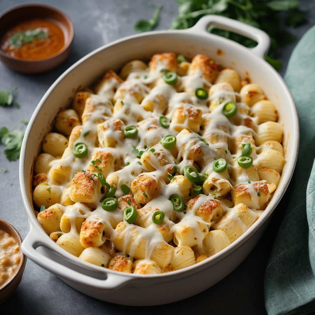 Golden-brown bubbly casserole with gnocchi, chicken, and melted cheese on top, sprinkled with green onions.