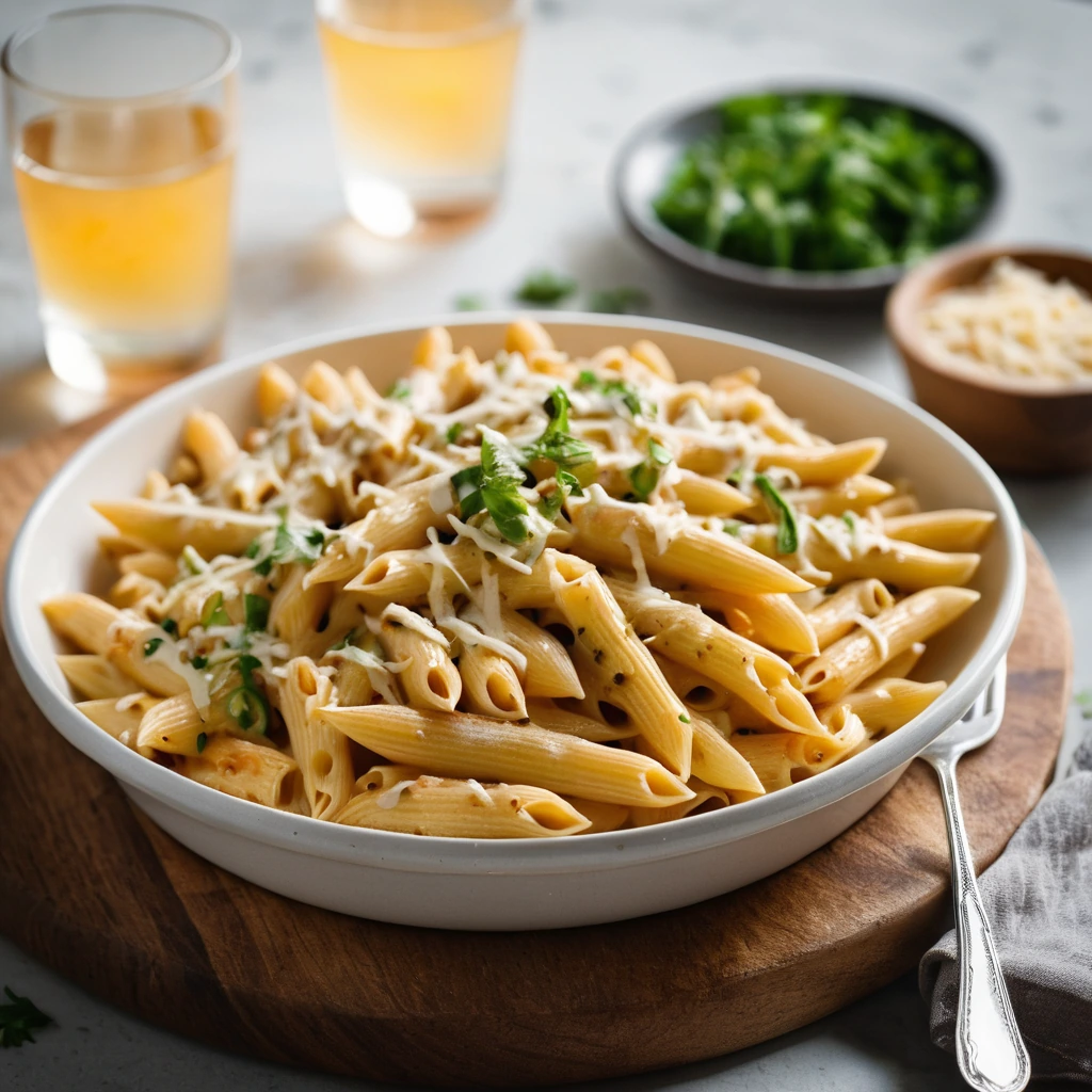 Baked penne pasta in a creamy orange sauce topped with melted cheese, chicken chunks, and green onions.