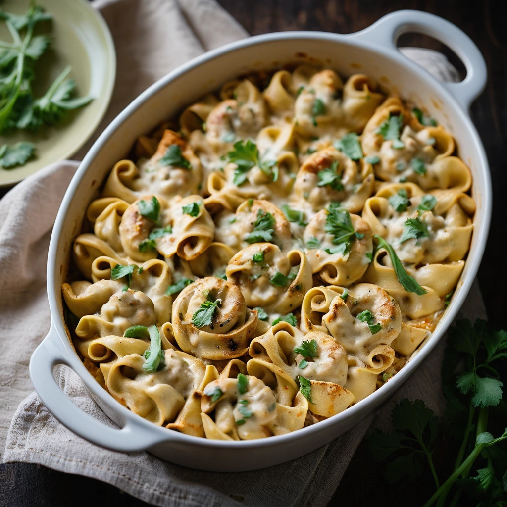 Golden bubbly casserole with green onions sprinkled on top in a baking dish.