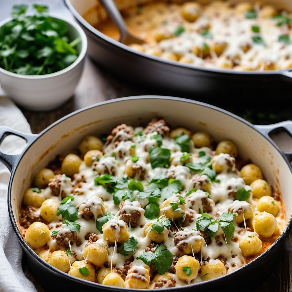 golden-brown bubbly gnocchi bake in a casserole dish, topped with melted cheese and green onions
