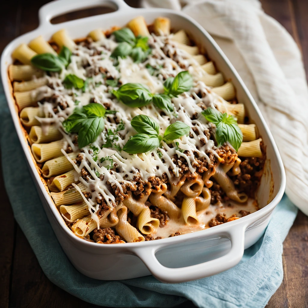 Baked pasta shells topped with melted cheese and ground beef in a creamy sauce, served in a casserole dish.