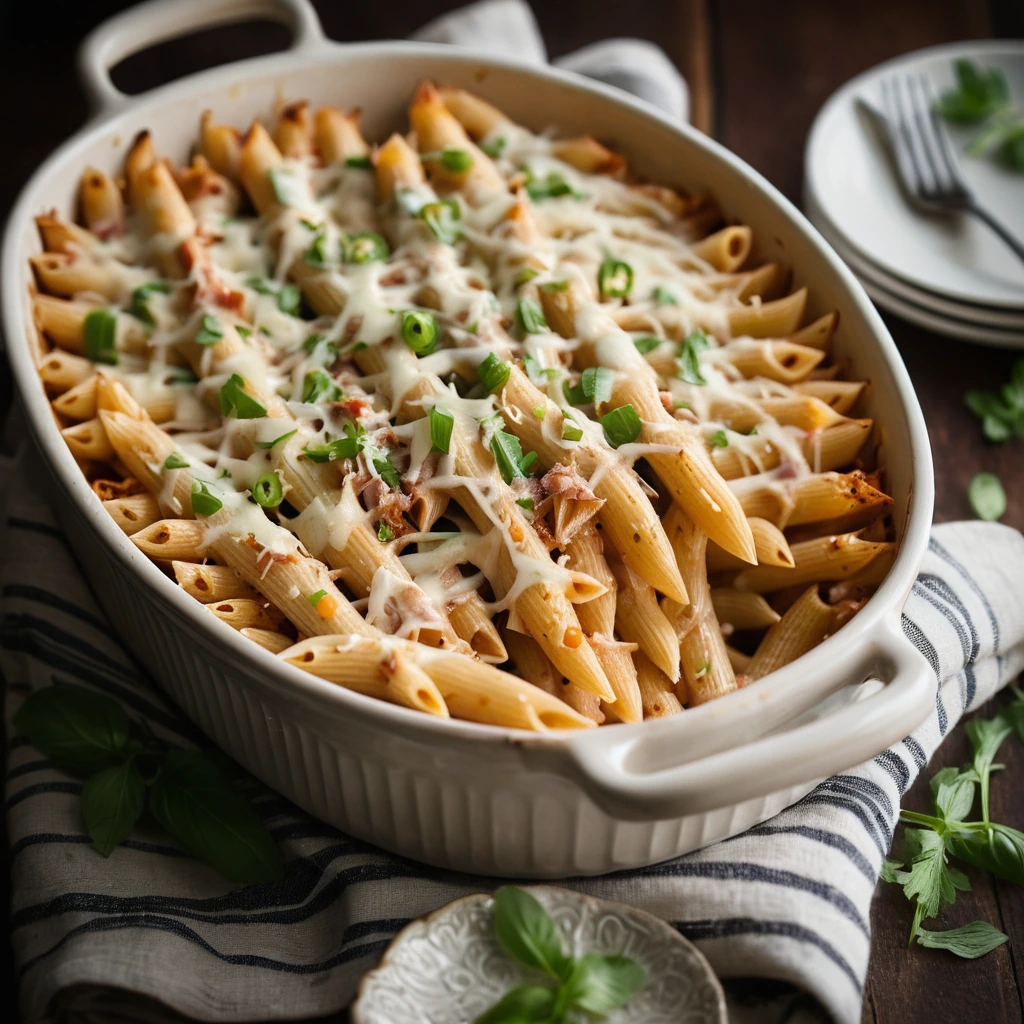 Baked penne pasta topped with melted cheese and green onions, served in a rustic oven-to-table dish.
