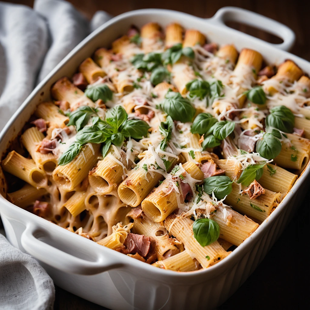 Baked rigatoni pasta topped with melted cheese and flecks of smoky ham, served in a warm casserole dish.