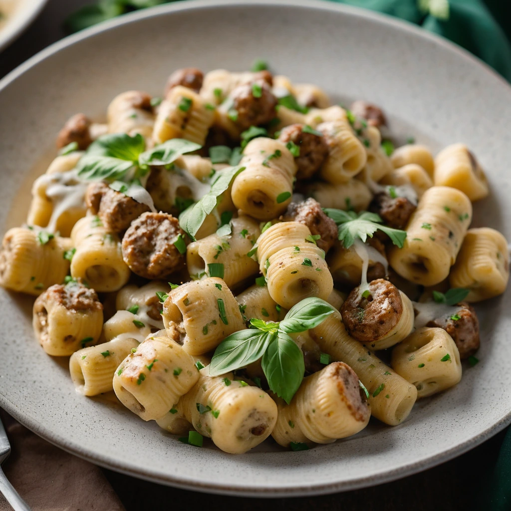 Baked gnocchi in a bubbling, golden cheese sauce with chunks of Italian sausage and green onions.