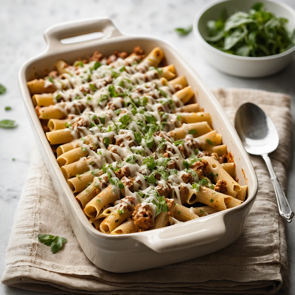 A golden-brown bubbly penne bake in a rectangular dish, sprinkled with melted cheese and green onions.