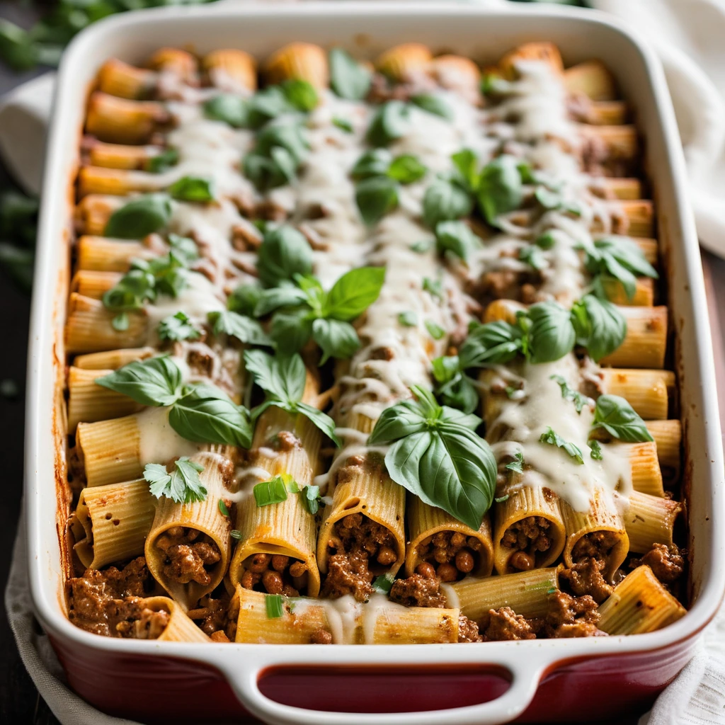 Baked pasta dish with golden cheese crust, vibrant green scallions, nestled in a baking dish.
