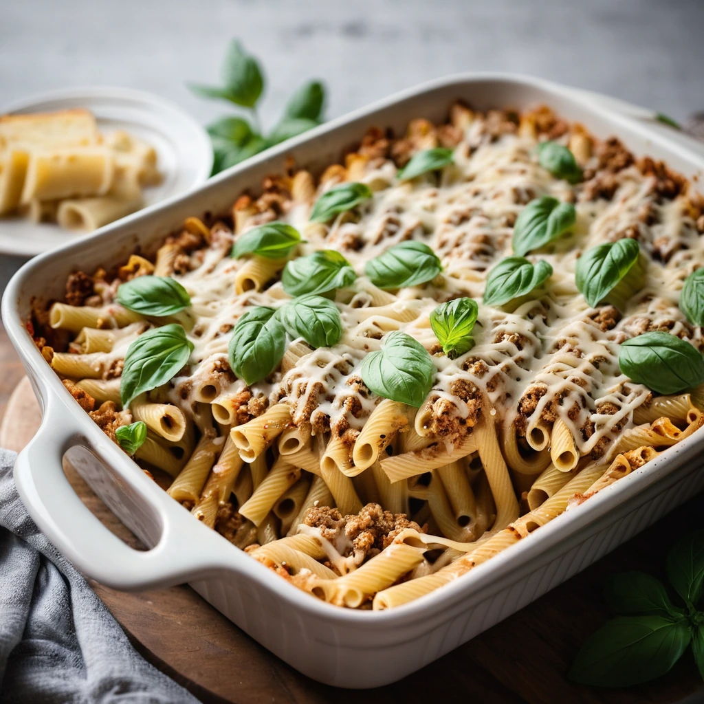 Golden bubbly pasta bake in a casserole dish with a sprinkle of melted cheese on top.