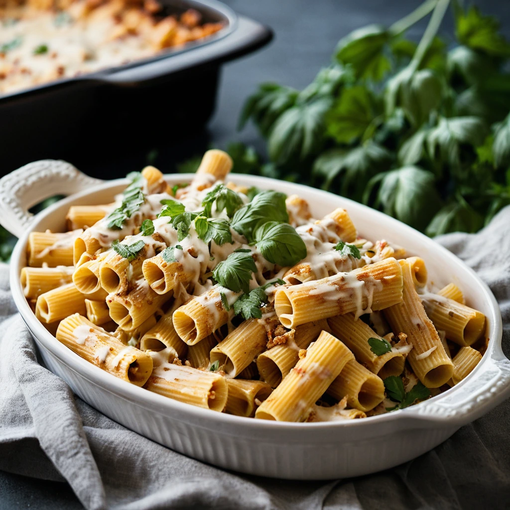 Baked rigatoni pasta covered in melted orange cheese, dotted with ground turkey and a sprinkle of fresh cilantro.