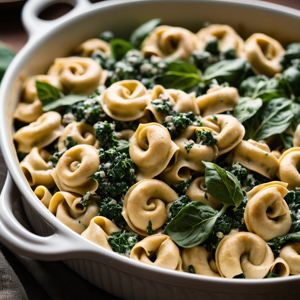 Baked dish with golden bubbly cheese topping, filled with green spinach and brown turkey tortellini.