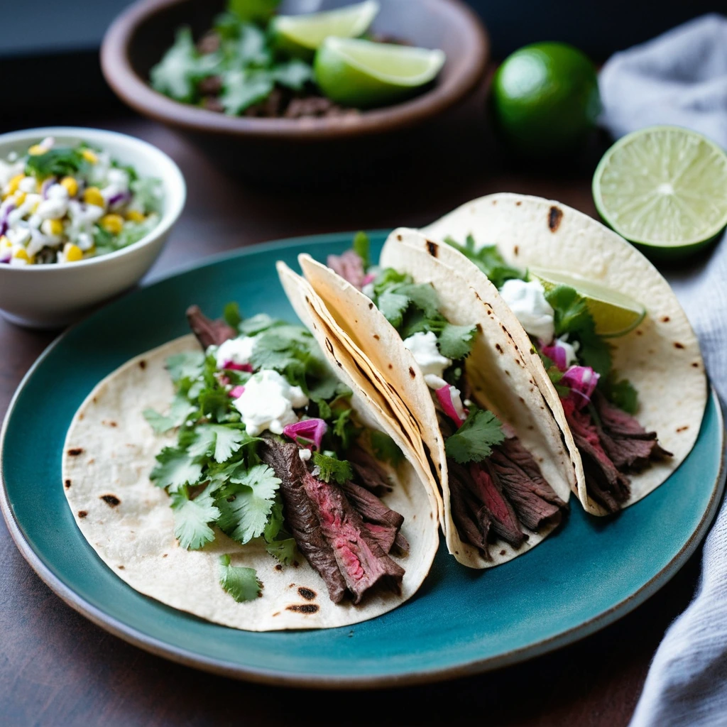 Grilled skirt steak nestled in soft corn tortillas with fresh cilantro and lime garnish.