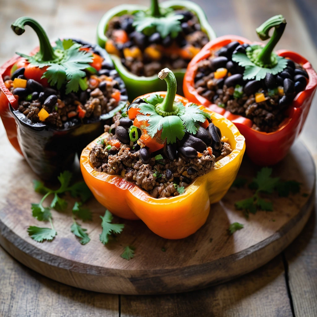 Four vibrant orange bell peppers stuffed with a mixture of ground beef and black beans, topped with fresh cilantro and served on a rustic wooden board.