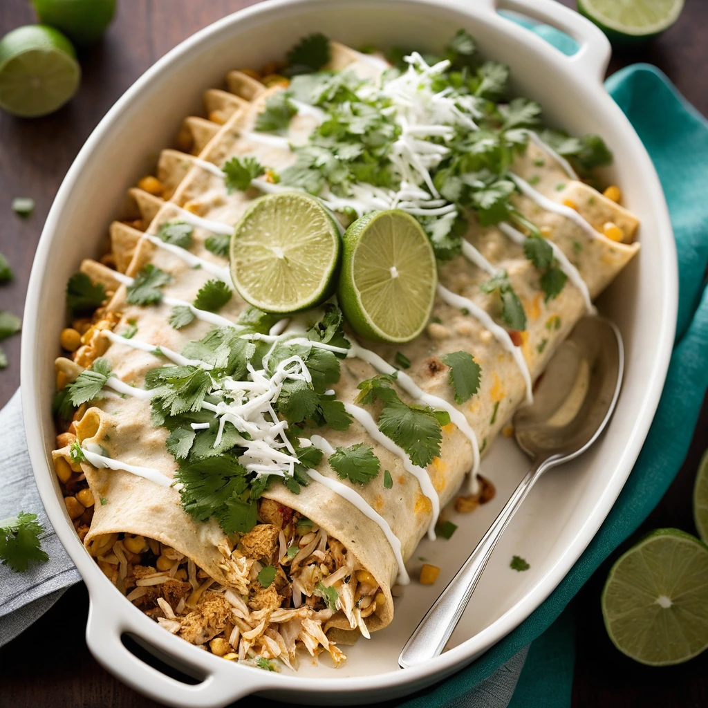 A bubbling casserole dish filled with shredded chicken, cheese, beans, and corn topped with fresh cilantro.