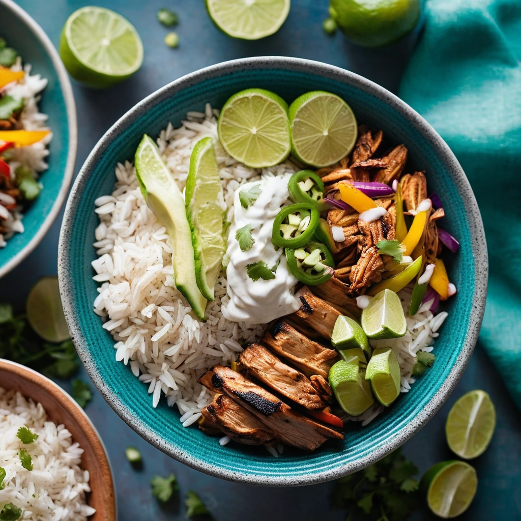 Colorful bowls with grilled chicken, rice, peppers, and onions drizzled with green