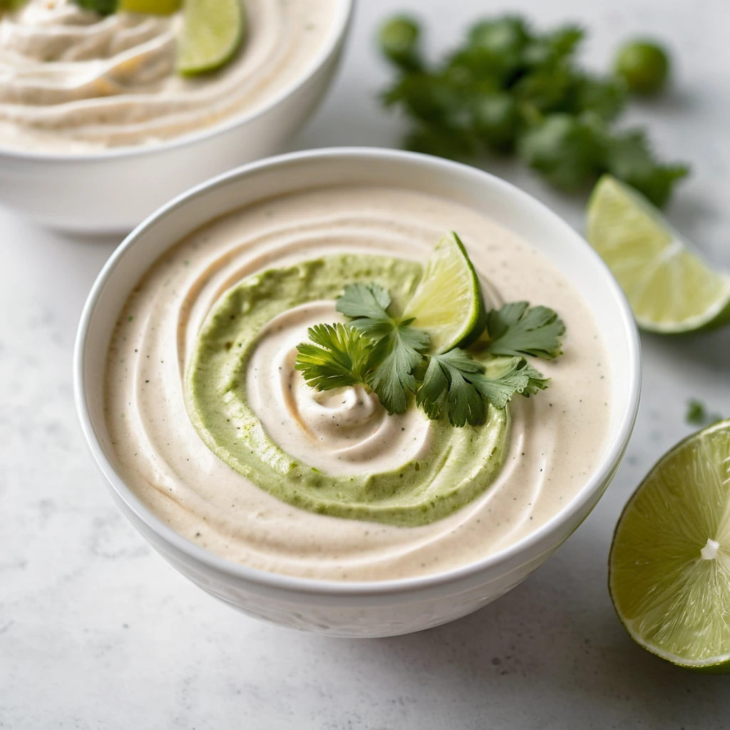 Swirls of creamy orange sauce in a white bowl, dotted with flecks of green cilantro.