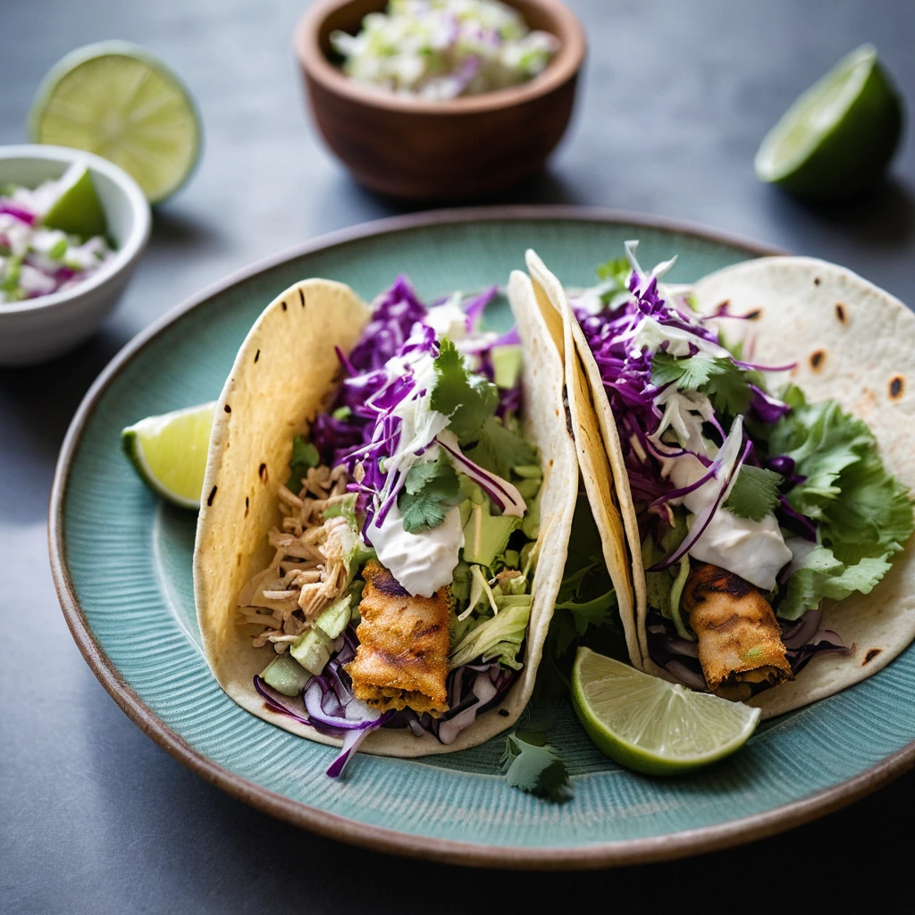 Warm corn tortillas filled with grilled fish, topped with vibrant purple and white cabbage slaw.