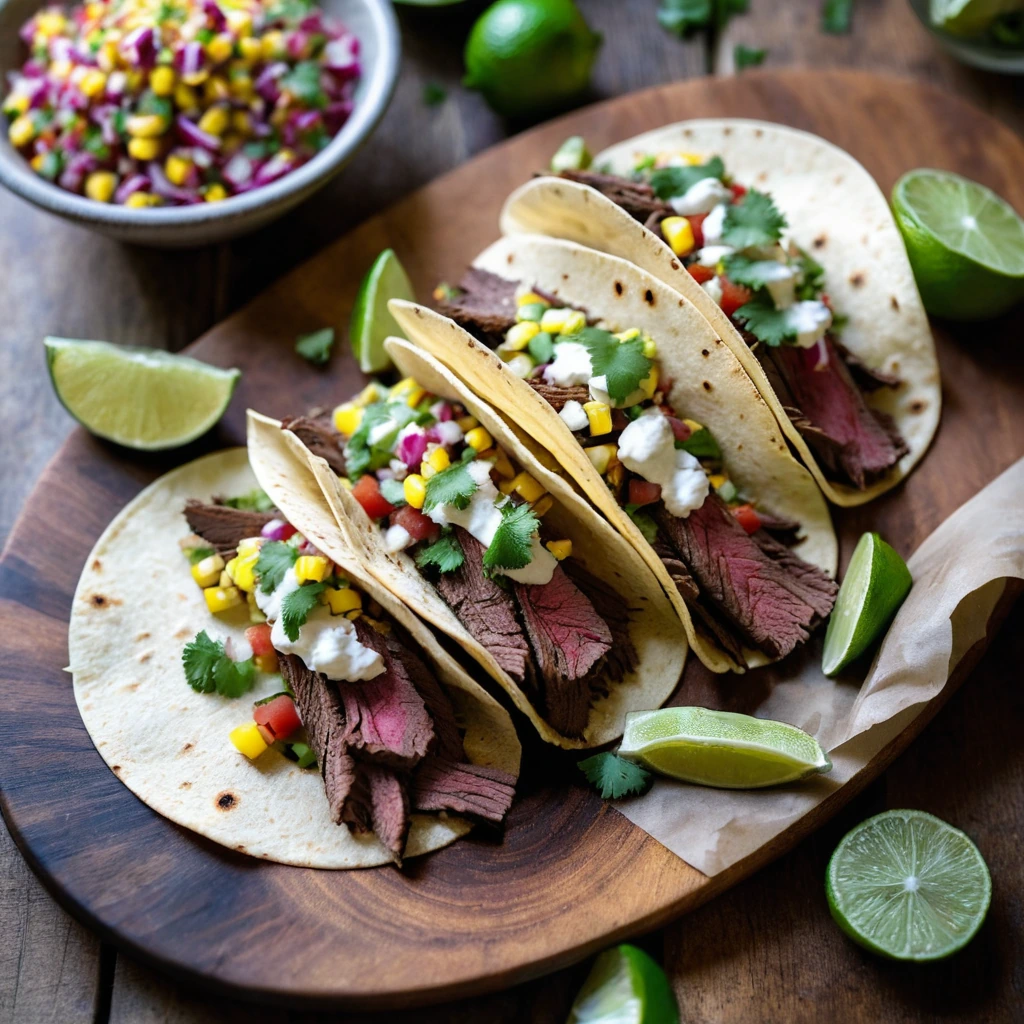 Warm corn tortillas filled with sliced flank steak and vibrant corn salsa on a rustic wooden board