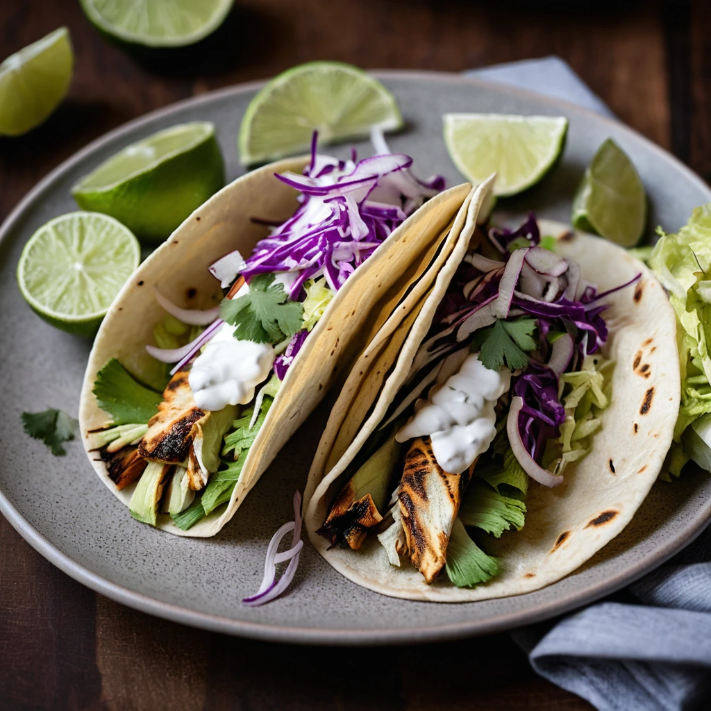 Warm corn tortillas filled with grilled chicken, vibrant purple and white cabbage slaw, and a squeeze of lime.