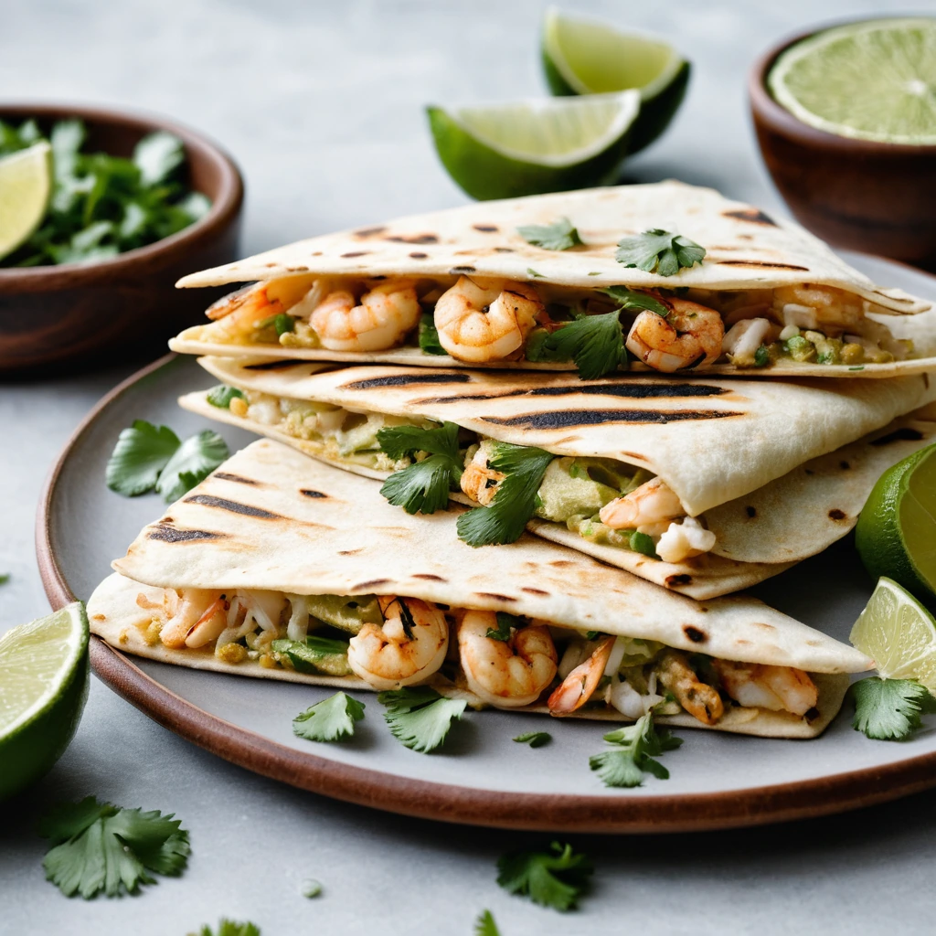 Golden quesadillas cut into wedges with grilled shrimp and melted cheese, garnished with fresh cilantro and lime wedges.