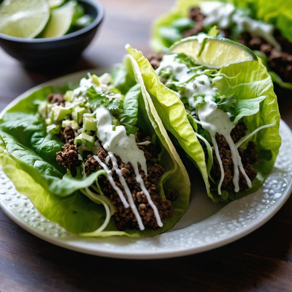 Colorful lettuce leaves stuffed with seasoned ground beef, vibrant with green onions and a drizzle of lime crema.