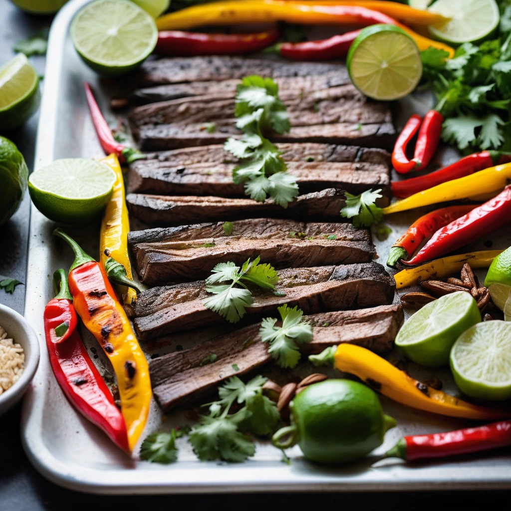 Sizzled steak and vibrant bell peppers arranged on a sheet pan with lime wedges and fresh cilantro.