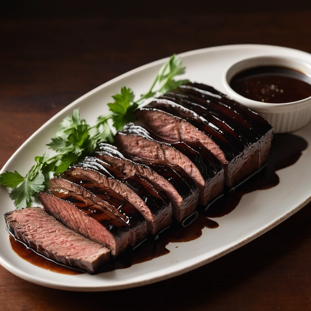 Shiny, dark reddish-brown glaze drizzled over a platter of roasted meats, garnished with fresh cilantro.