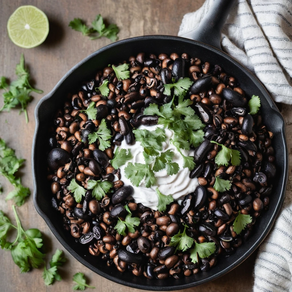 A vibrant skillet filled with dark mushrooms and black beans, sprinkled with fresh cilantro and a hint of melted cheese.