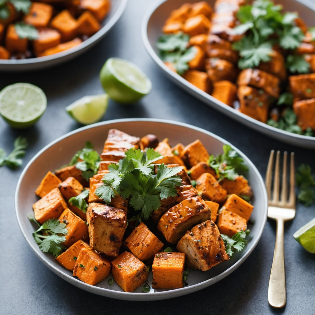 Baked chicken pieces with sweet potatoes in a glossy orange sauce, sprinkled with cilantro.