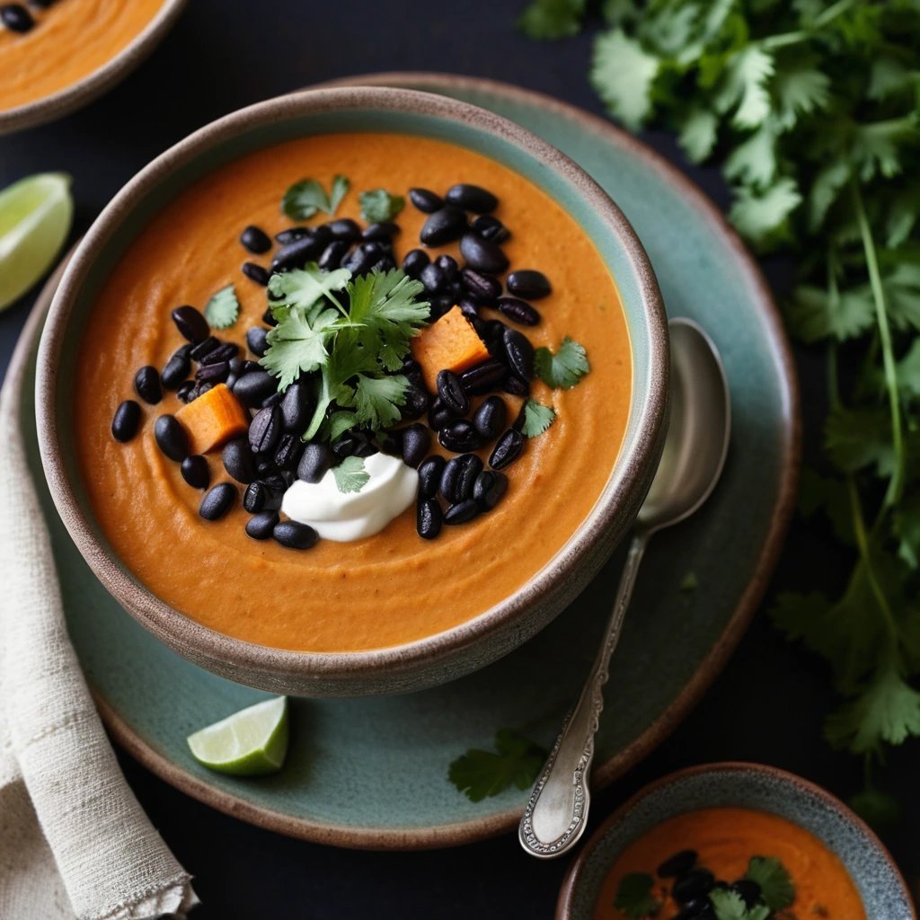 Creamy orange soup with black beans and diced sweet potatoes, garnished with fresh cilantro in a rustic bowl.