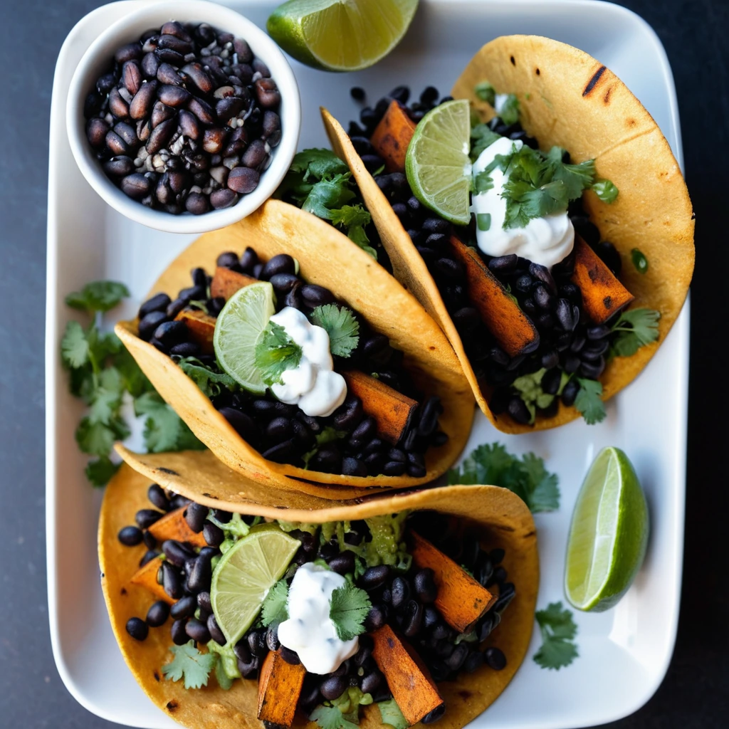 Colorful tacos filled with roasted sweet potatoes and black beans, drizzled with a vibrant green sauce and topped with fresh cilantro.