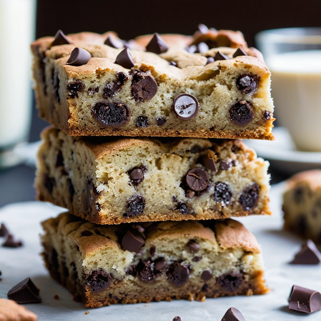 Golden square blondies dusted with powdered sugar, speckled with dark chocolate chips and flecks of banana throughout.