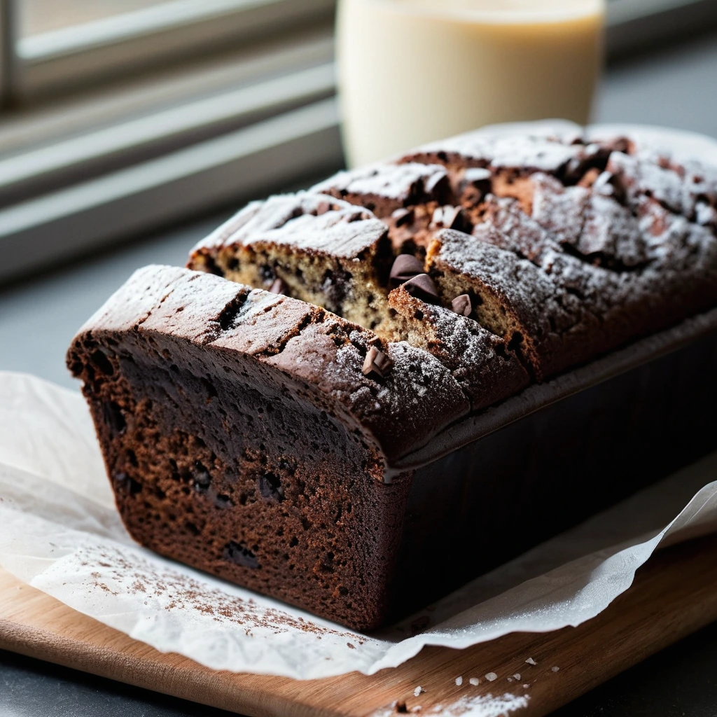 golden brown loaf in a loaf pan, dusted with powdered sugar, chocolate chunks visible