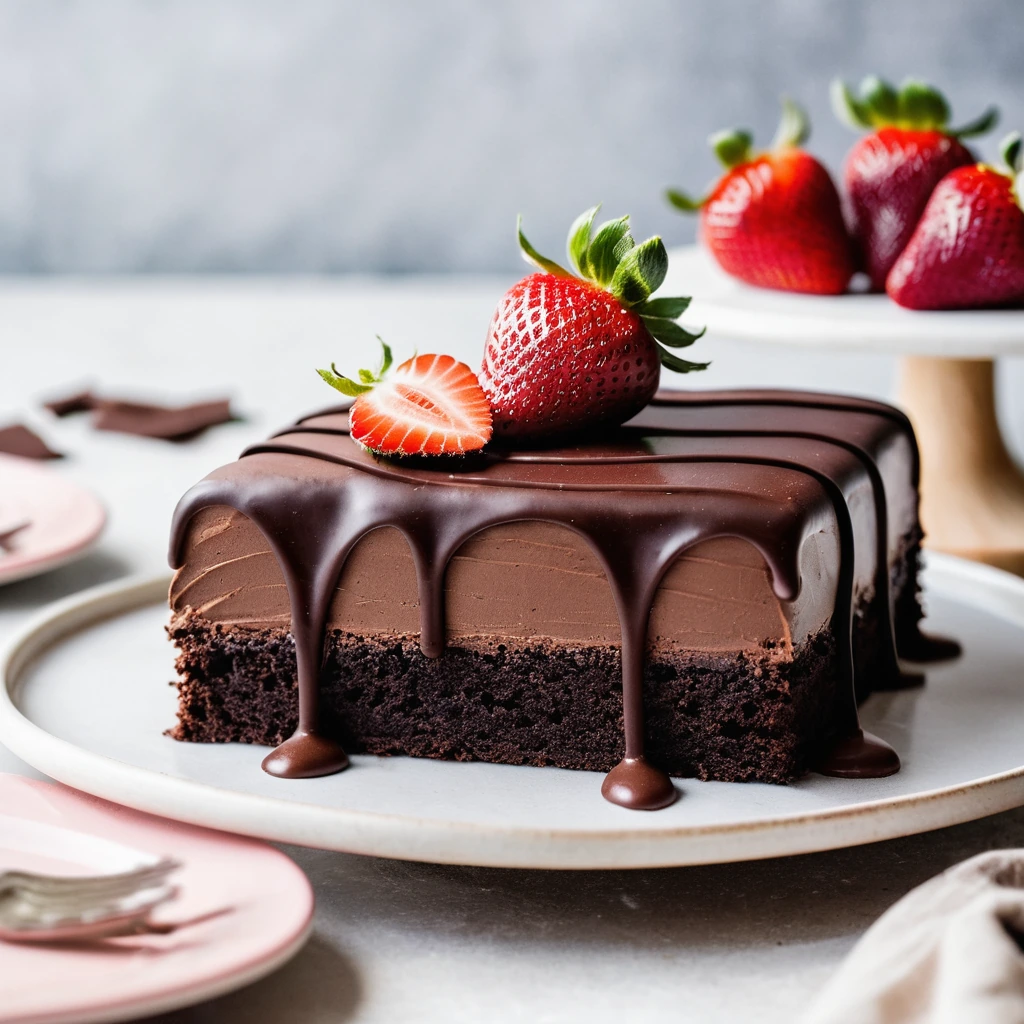 A rectangular chocolate sheet cake with fresh strawberry slices on top and drizzled with chocolate.