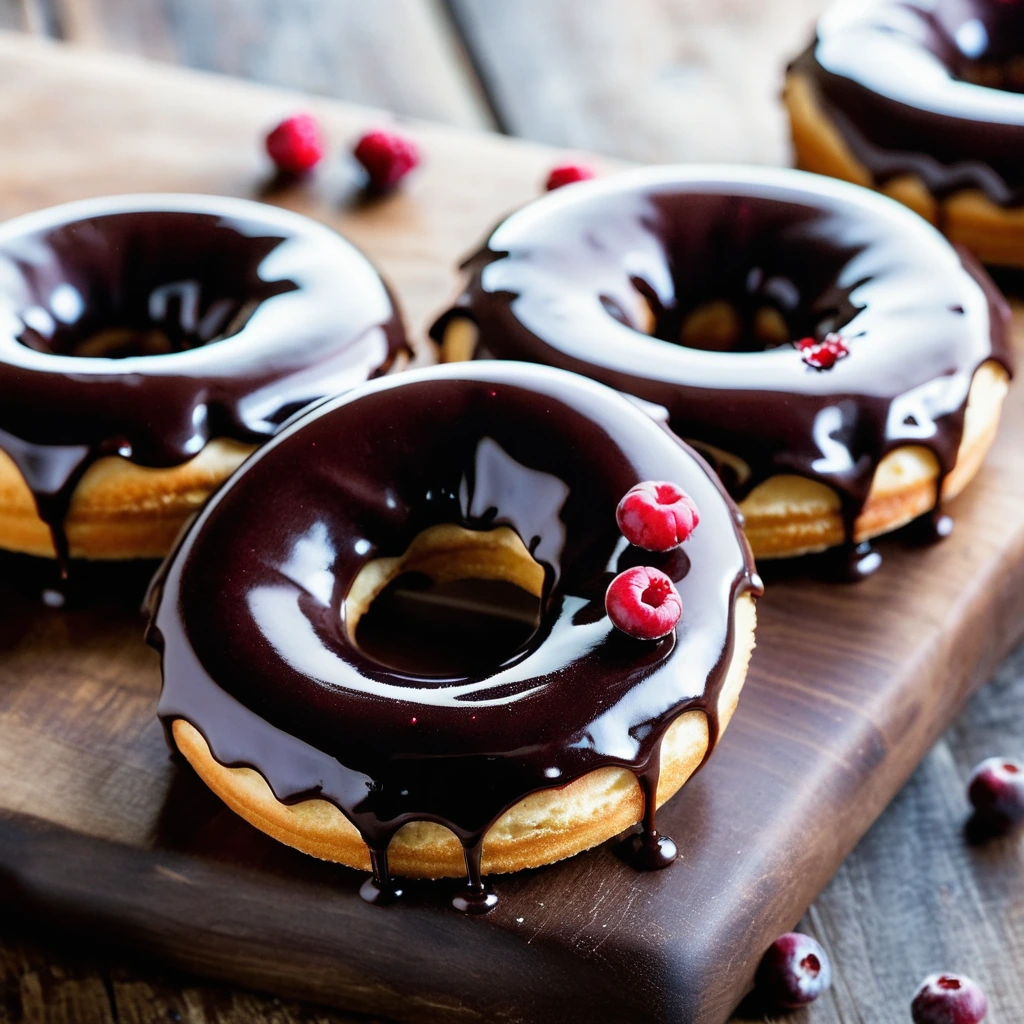 Golden brown donut rings with a chocolate glaze and sprinkled cranberries on a rustic wooden board.