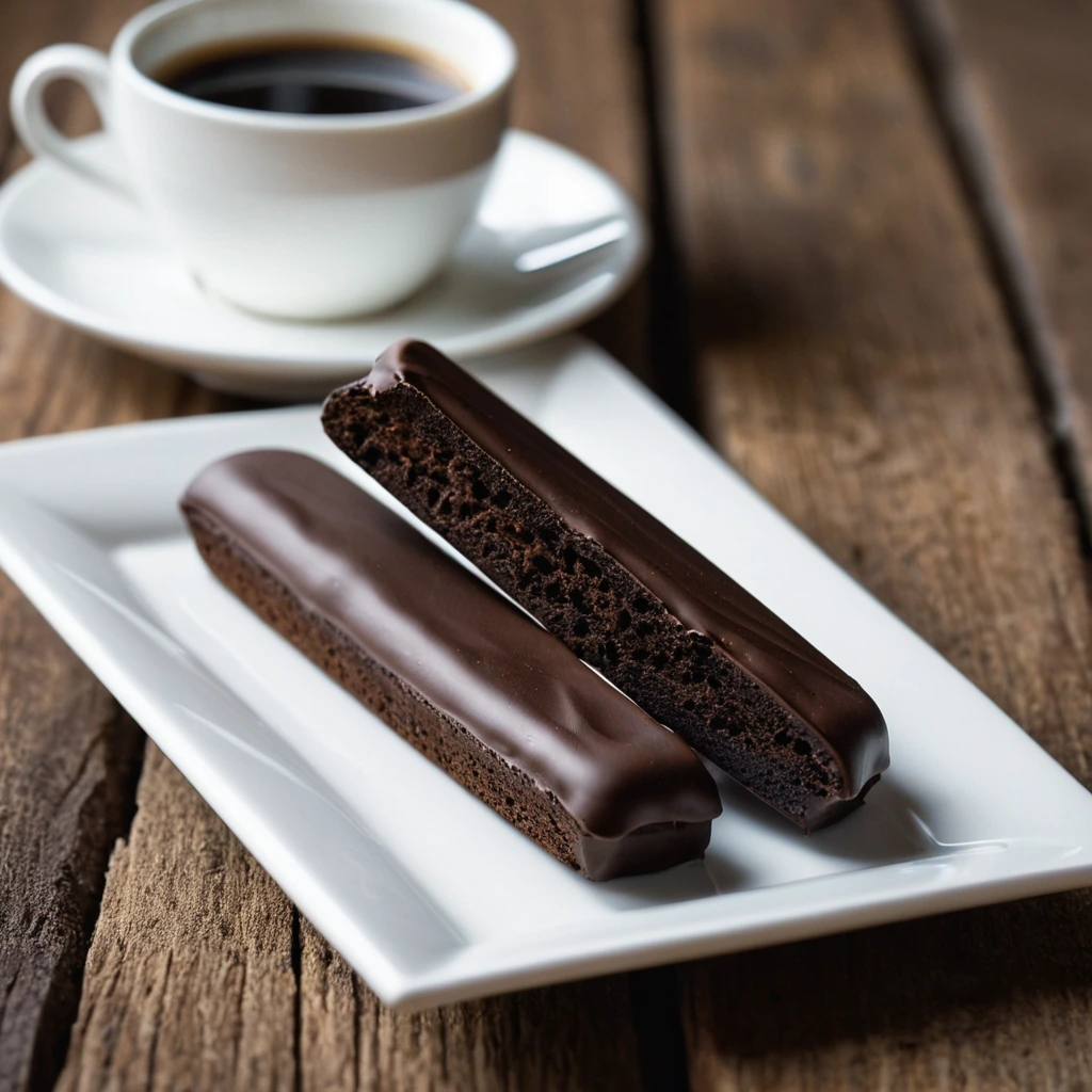 Golden brown biscotti with dark chocolate coating, arranged on a rustic wooden board.