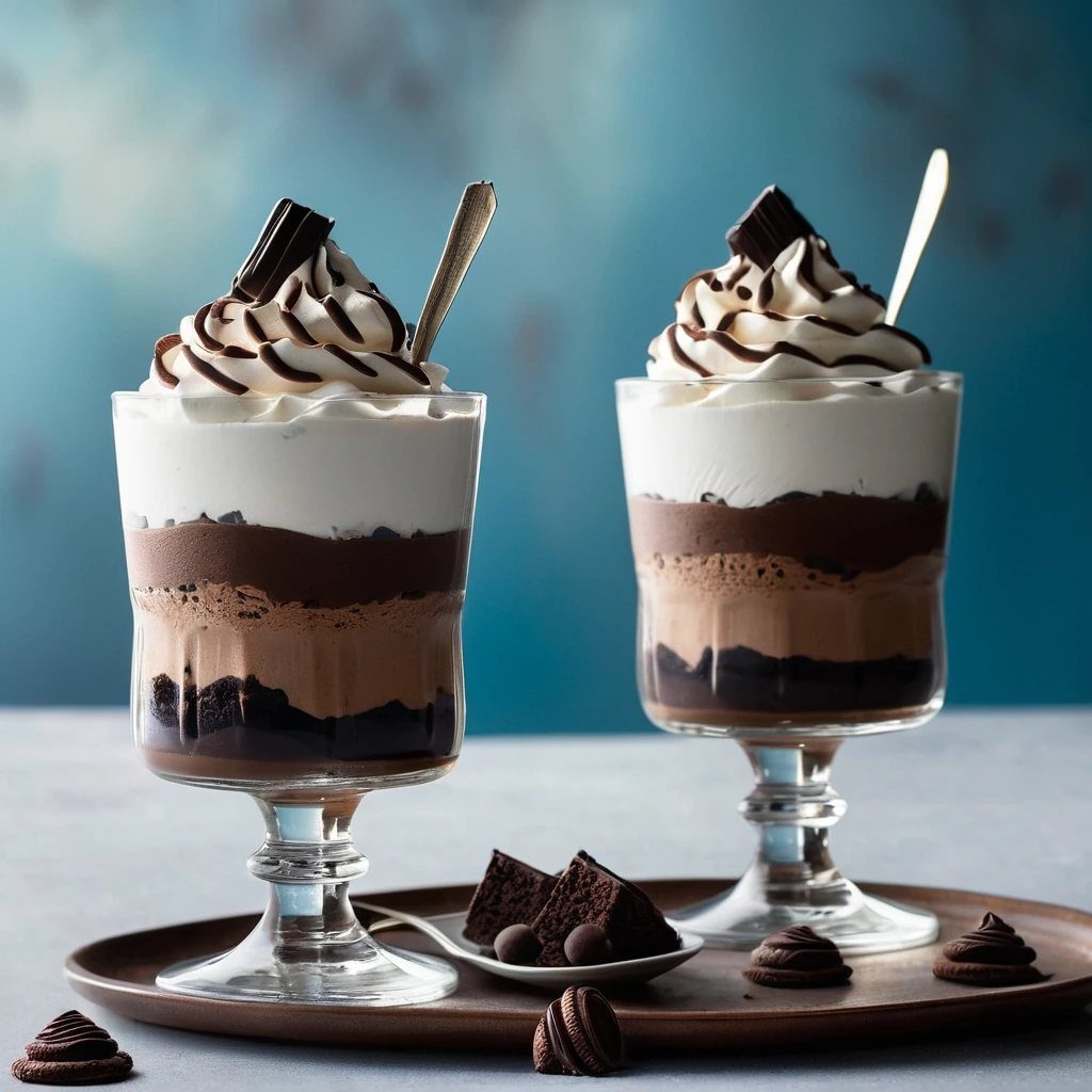 Glass parfait dishes with layers of dark chocolate and espresso topped with fluffy whipped cream and cocoa powder.