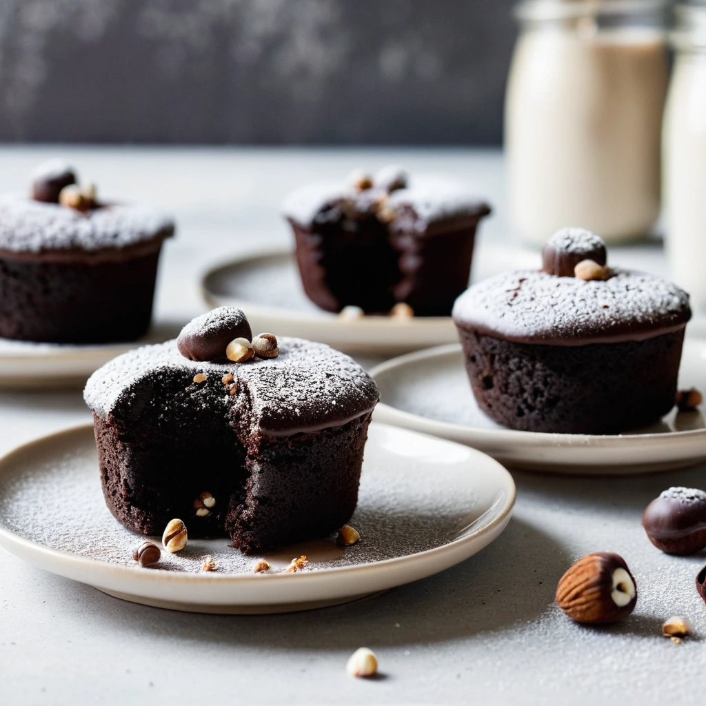 Two small chocolate cakes in white plates with a gooey center, sprinkled with chopped hazelnuts, and dusted with cocoa powder.