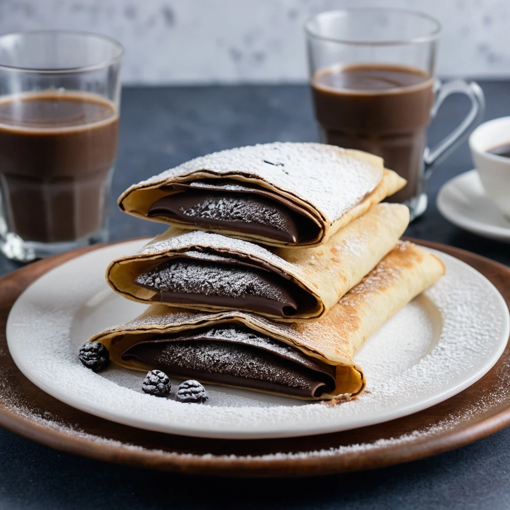 Stack of golden crepes filled with dark chocolate hazelnut spread, dusted with powdered sugar