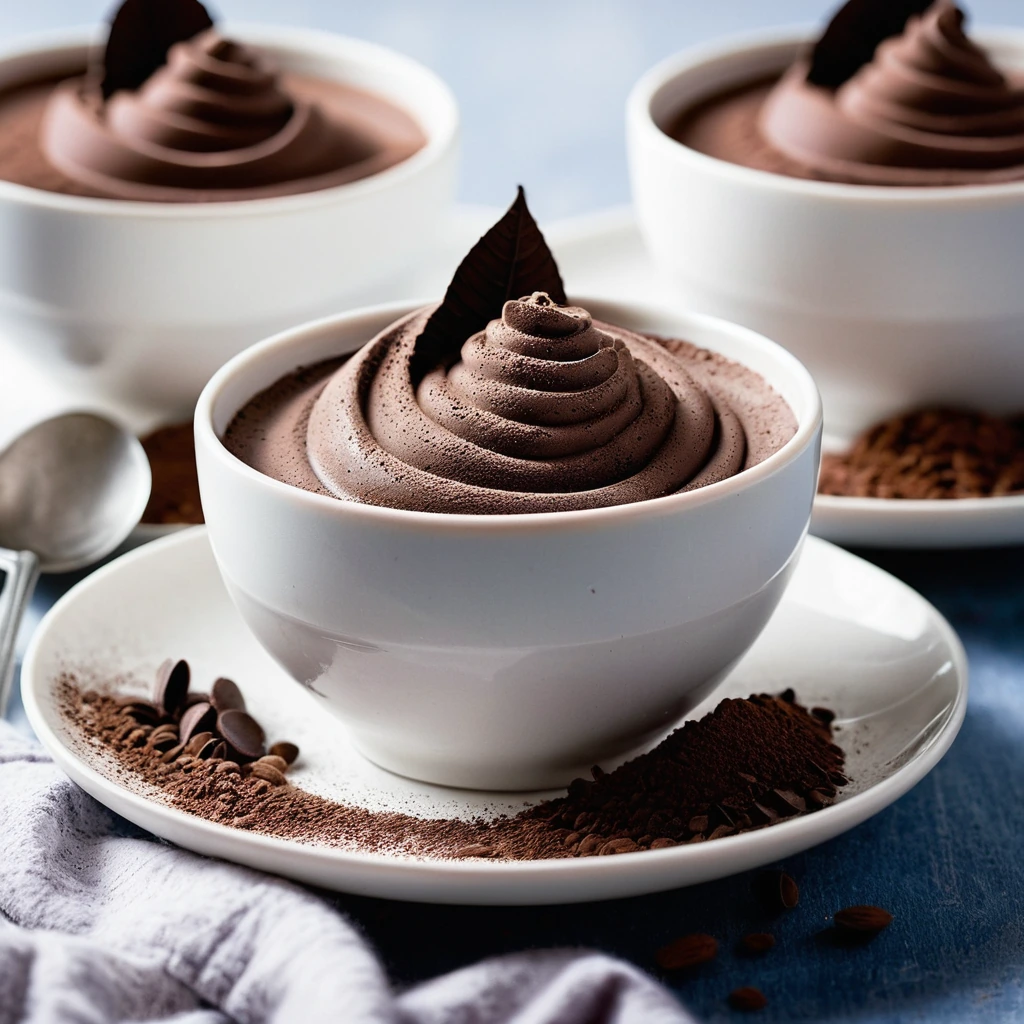 Whipped chocolate mousse in white bowls with a dusting of cocoa powder on top.
