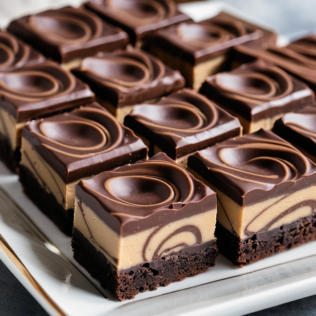 A square pan of fudge with a marbled pattern of dark chocolate and creamy peanut butter, cut into neat squares.