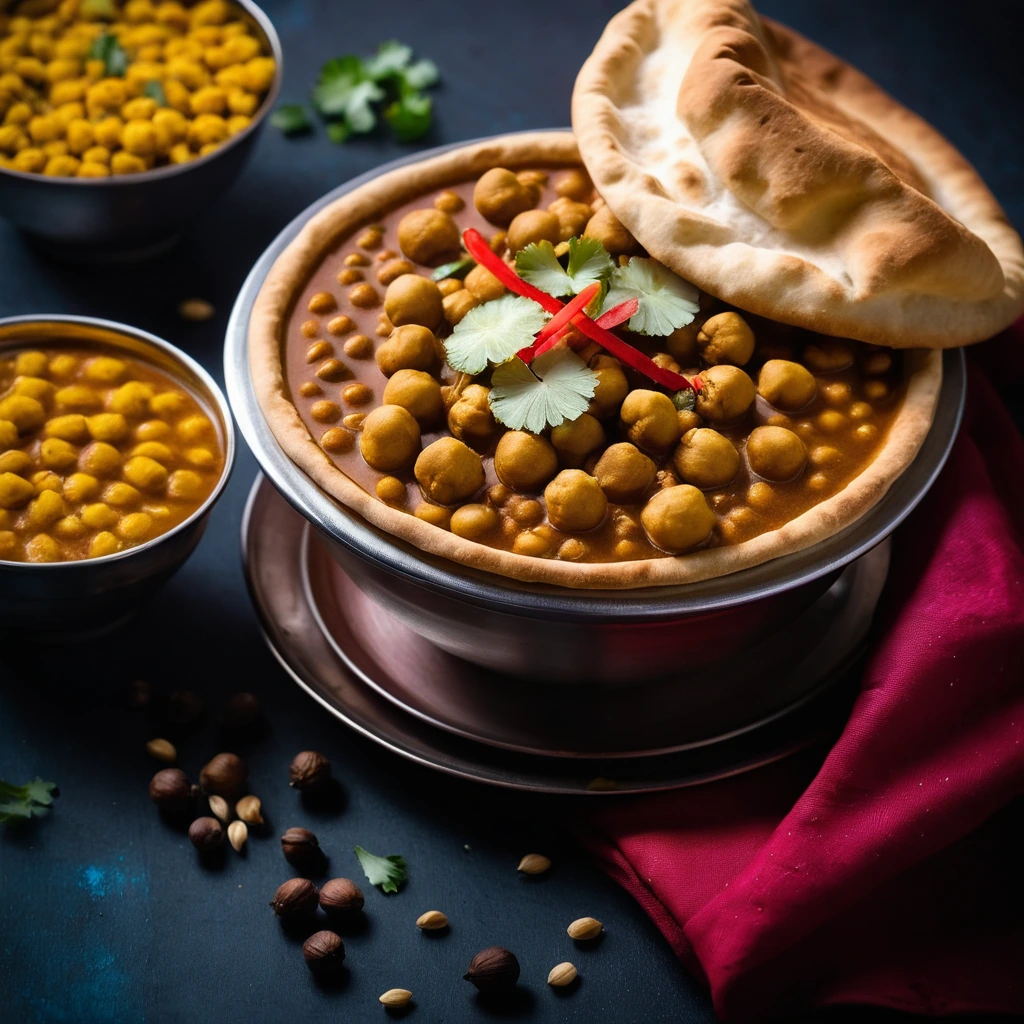 Golden fried bhature alongside a bowl of vibrant yellow chickpeas with red spices in a saucy gravy.