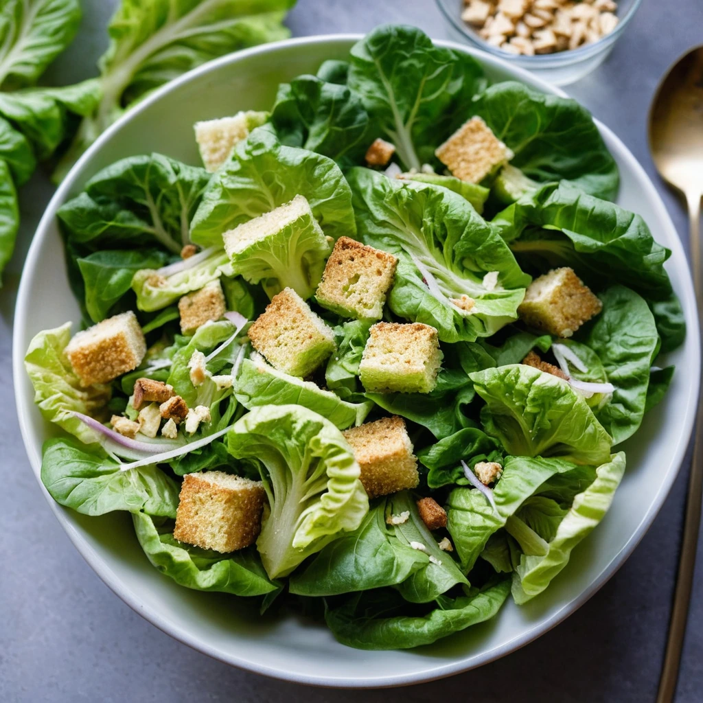 Bowl of chopped romaine salad with golden brown croutons and a sprinkle of parmesan