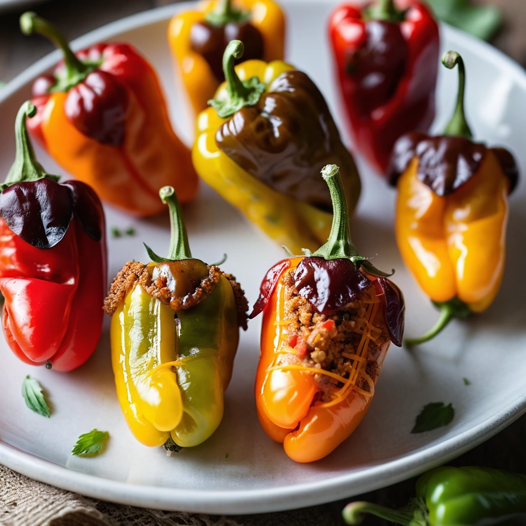 Mini peppers stuffed with chorizo and cheese, baked to perfection with a golden, bubbly topping.