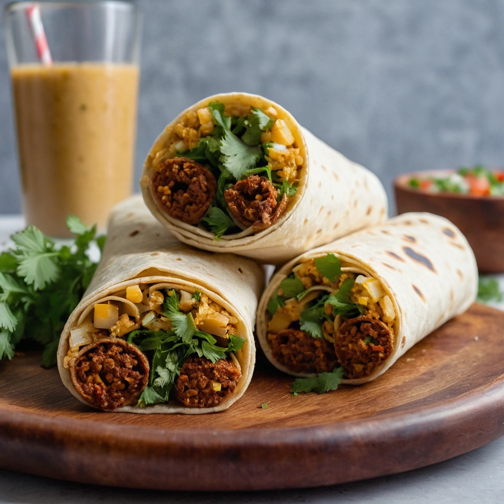 Golden brown burritos with a sprinkle of fresh cilantro, served on a rustic wooden board.