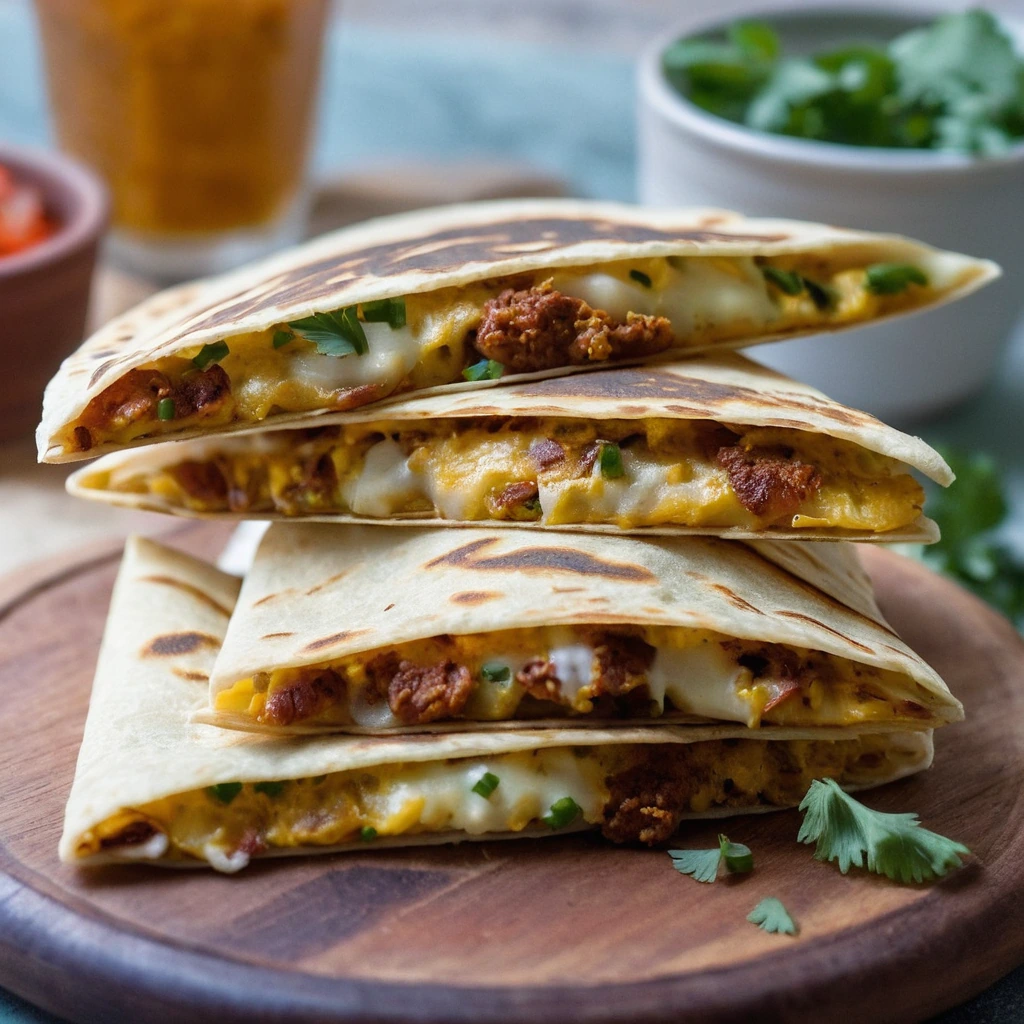 Folded quesadillas with golden edges, filled with chorizo, potatoes, and melted cheese, served on a wooden board.