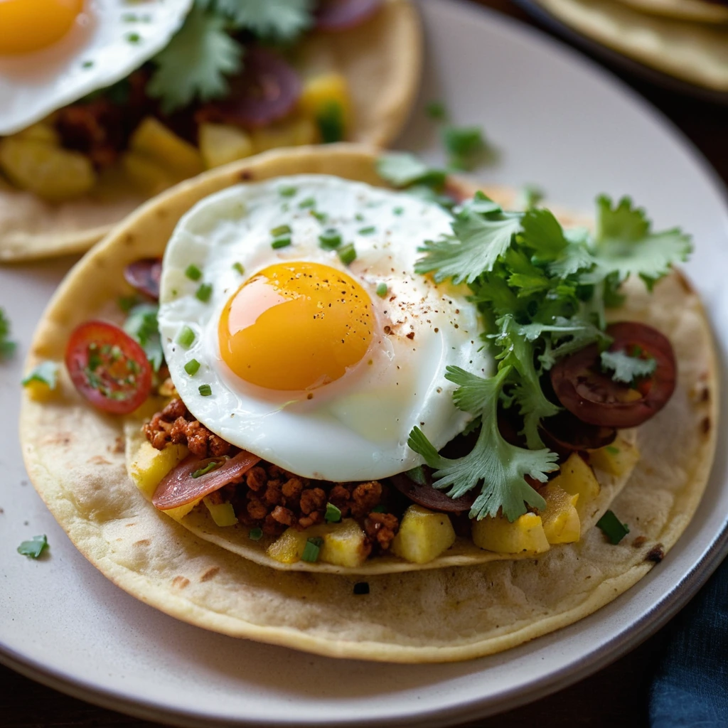 Golden tostadas topped with red chorizo, diced potatoes, and sunny-side-up eggs, garnished with fresh cilantro.