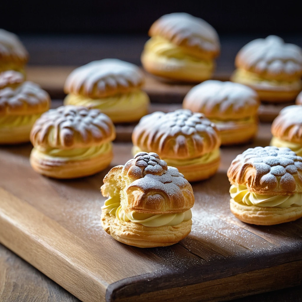 Golden brown choux pastry puffs on a wooden board