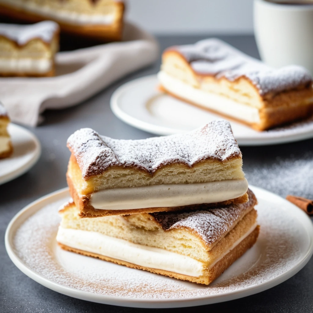 Golden crescent bars with a creamy filling, sprinkled with cinnamon-sugar and a drizzle of chocolate.